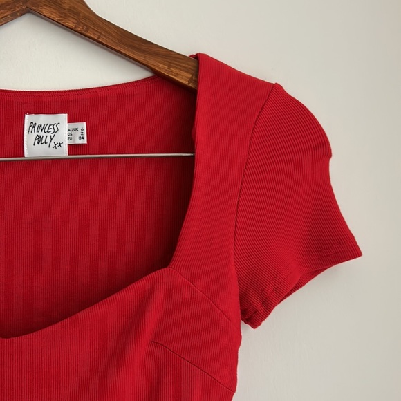 Princess Polly Red Ribbed Tie Back Cropped Shirt - Picture 3 of 9